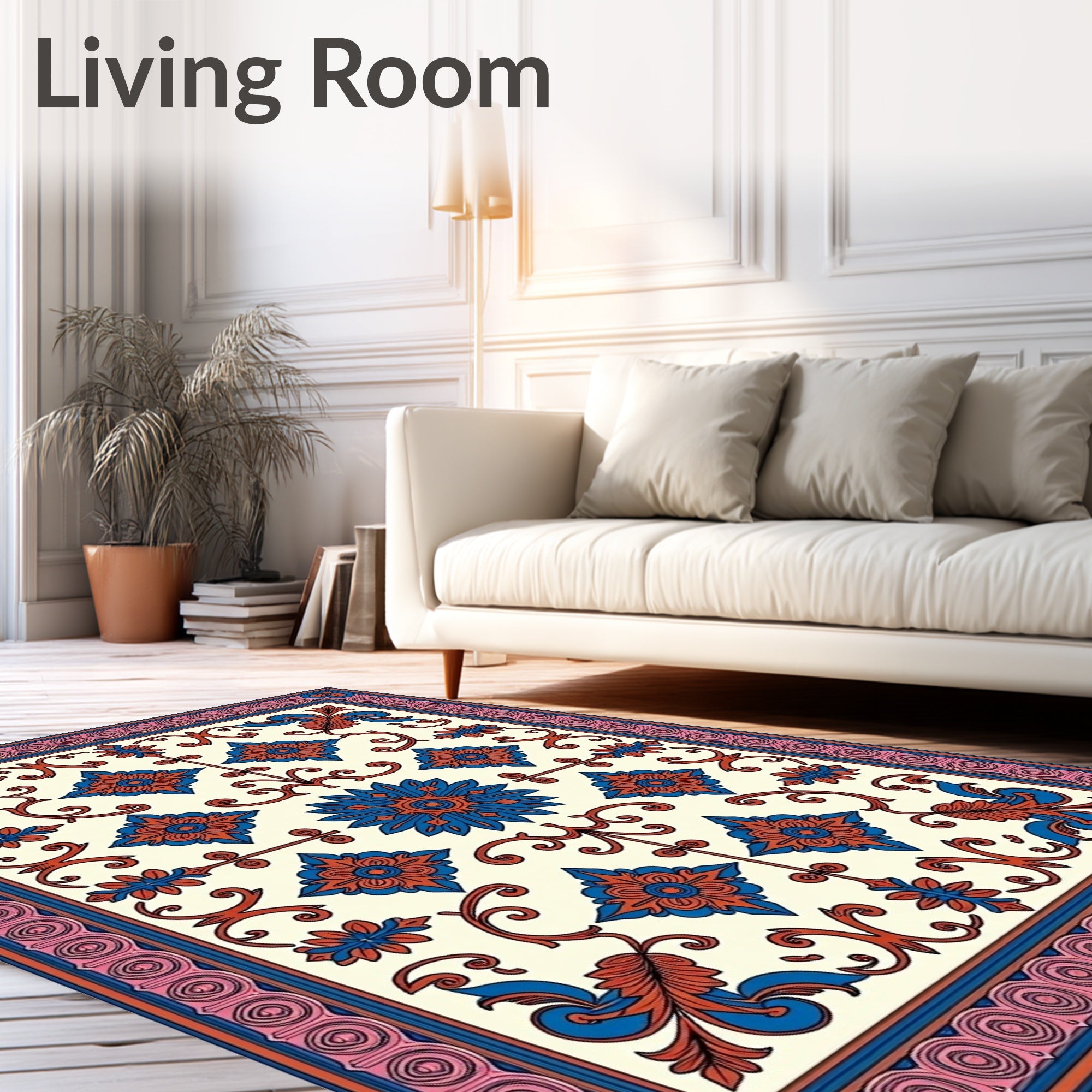 Coral Blue Floral Vine Medallion Rug