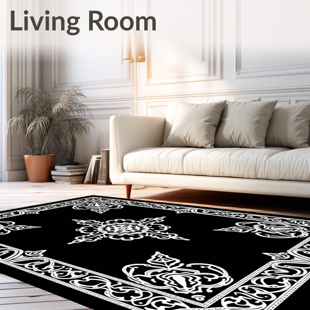 White Floral Scroll Border Medallion Rug