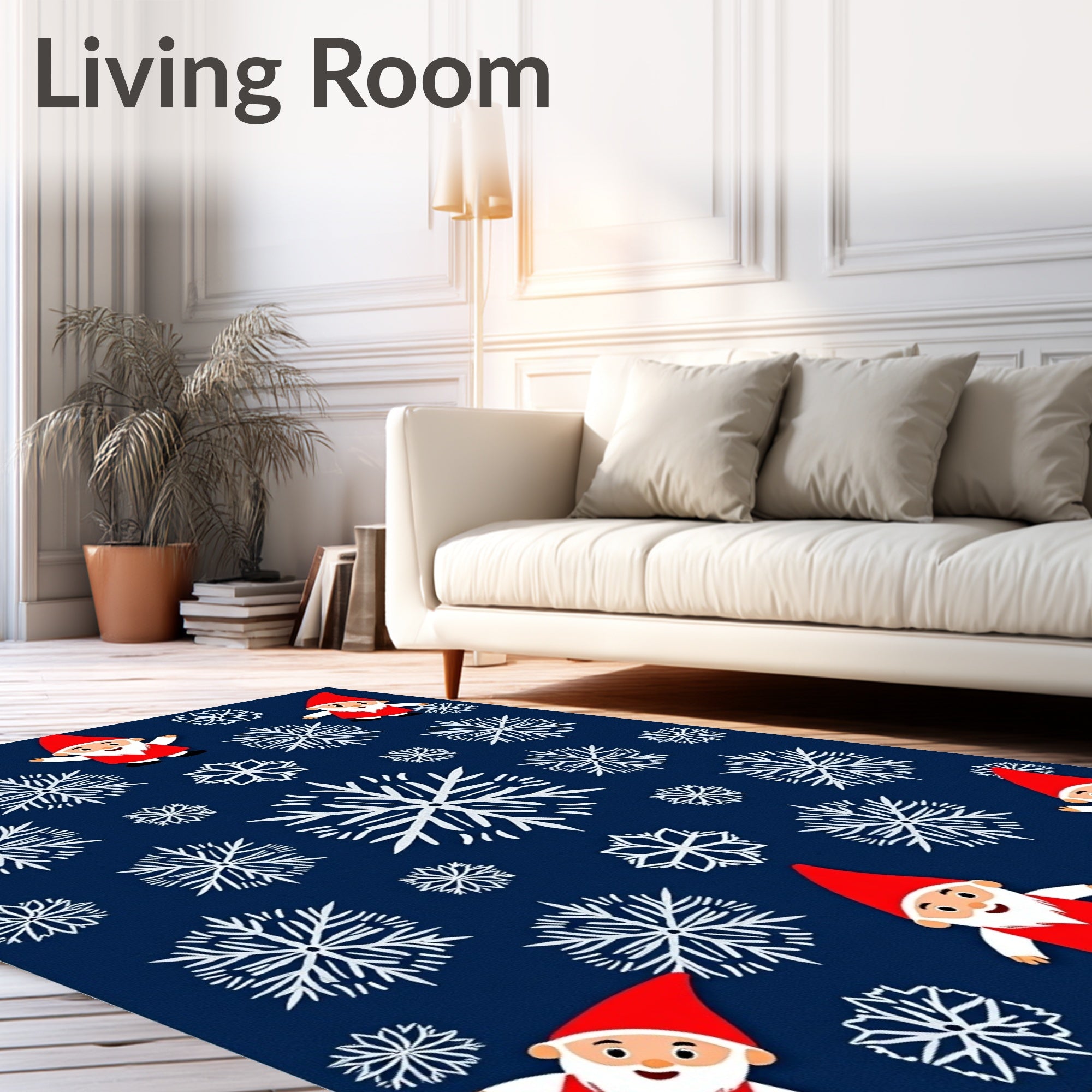 Festive Red Gnomes Snowflakes Navy Rug