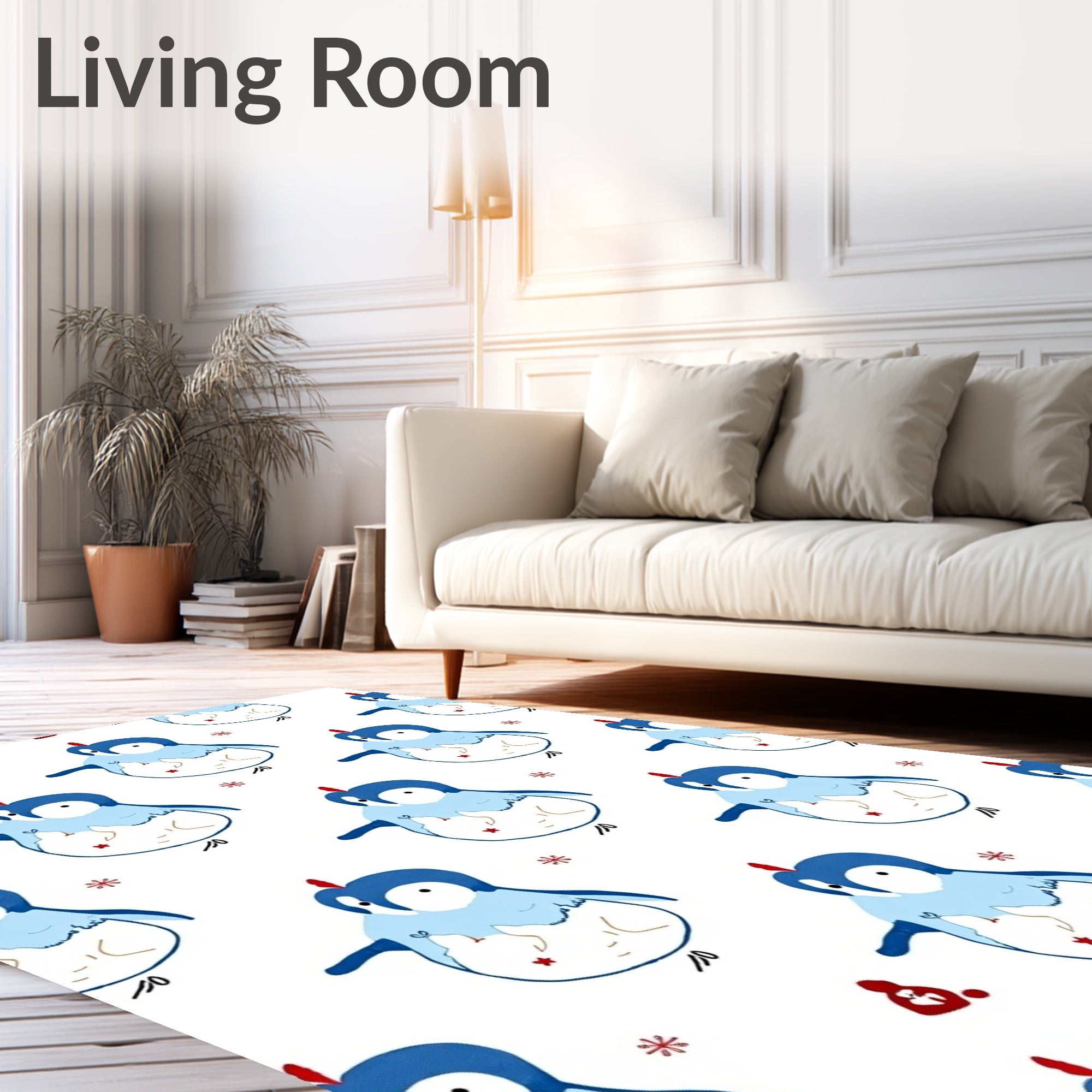 Cute Blue Penguin Winter Snowflakes Rug