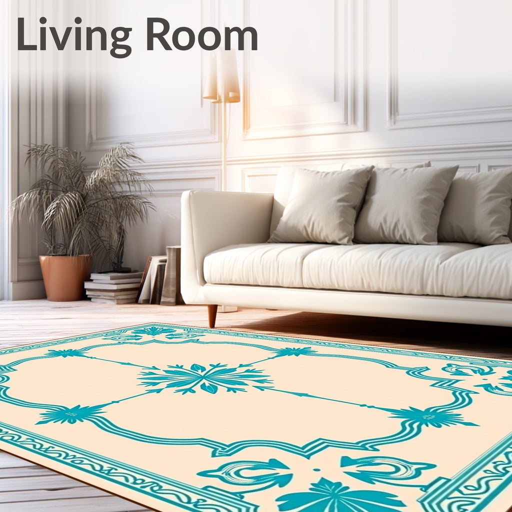 Teal Floral Medallion Cream Border Rug