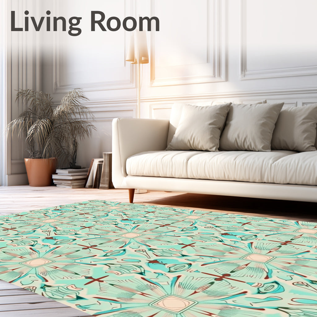 Aqua And Coral Sunburst Mandala Rug