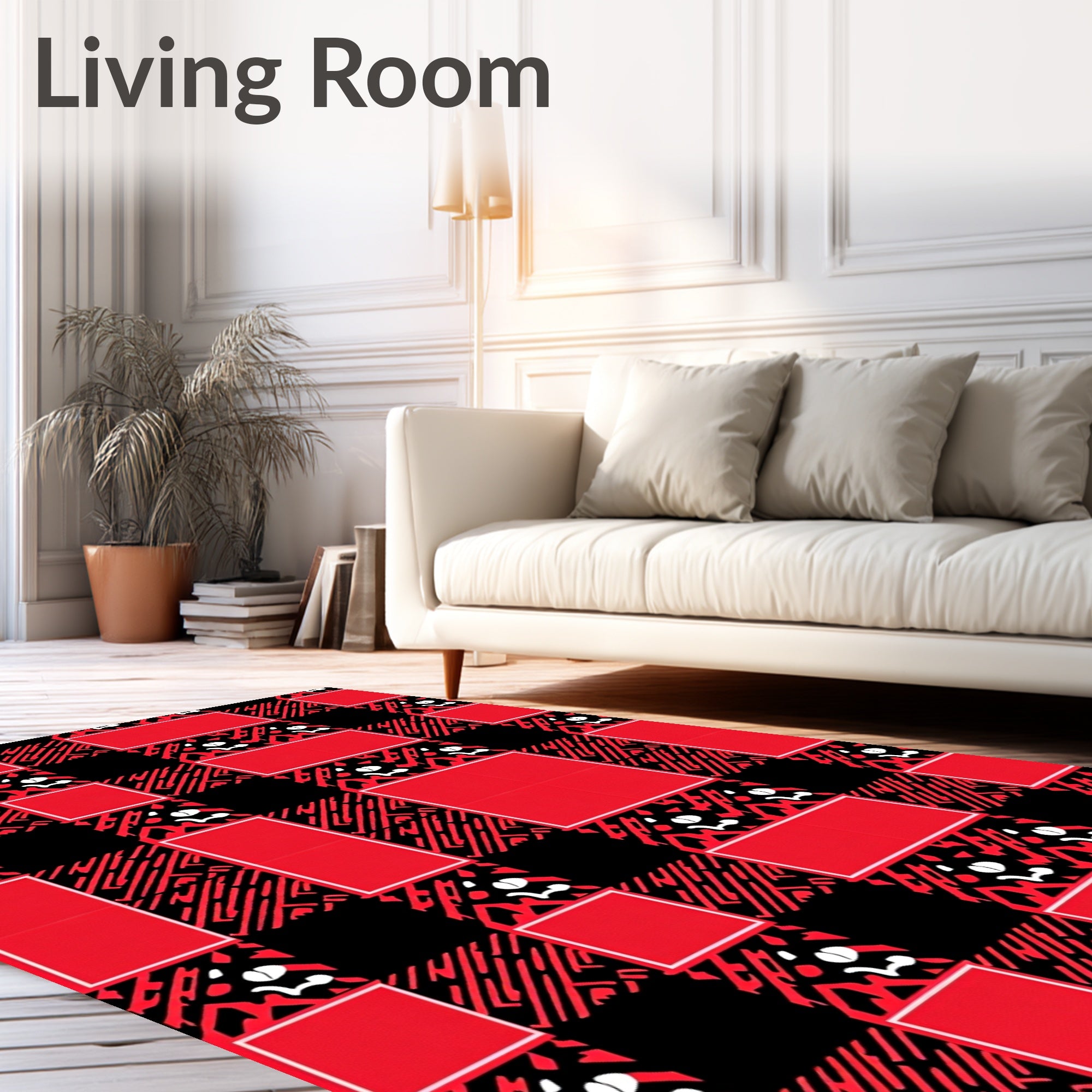 Red Black Bold Plaid Animal Print Rug