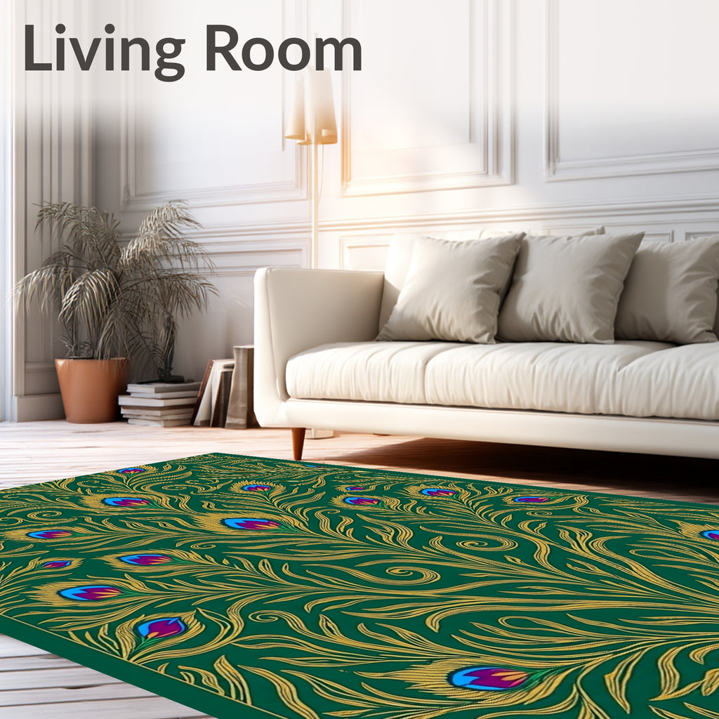 Emerald Gold Peacock Feather Mandala Rug
