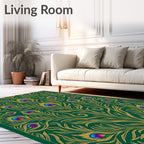 Emerald Gold Peacock Feather Mandala Rug