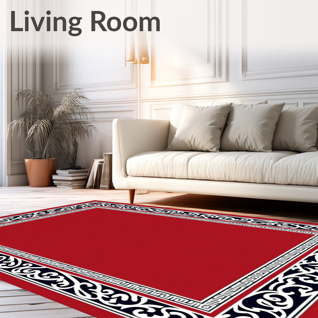 Crimson Red Black White Scroll Border Rug