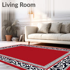 Crimson Red Black White Scroll Border Rug