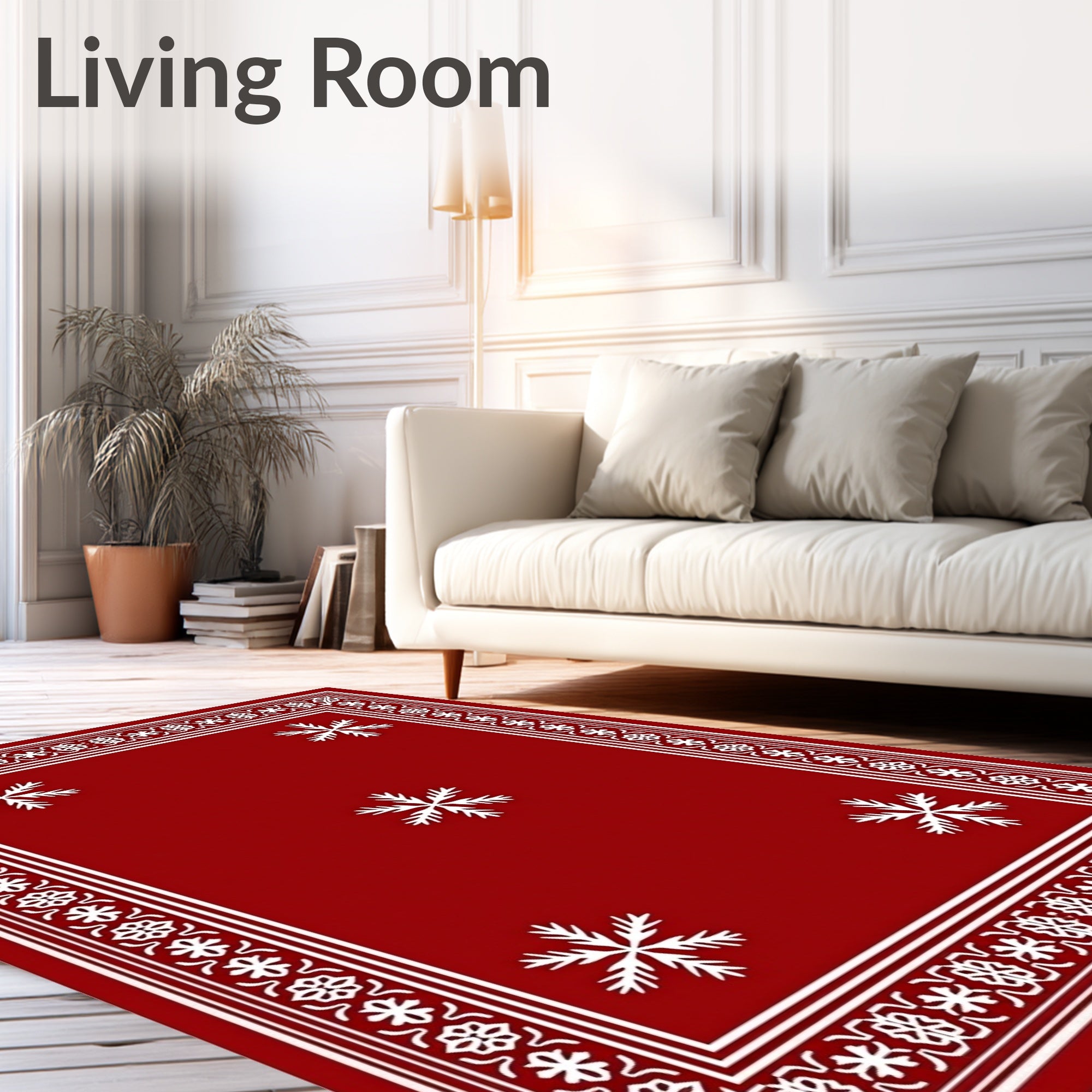 Red White Snowflake Border Rug