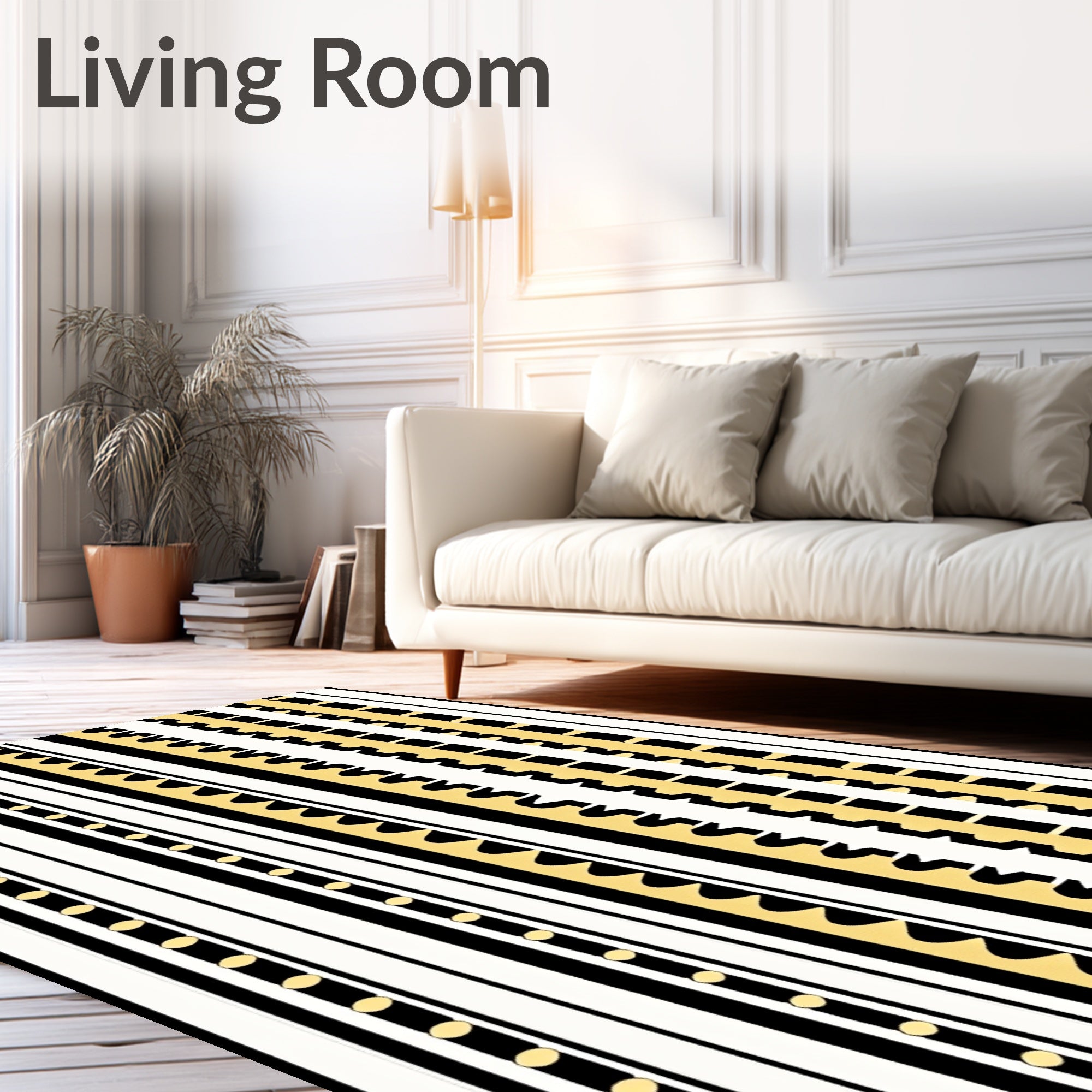 Black White Gold Geometric Stripe Rug