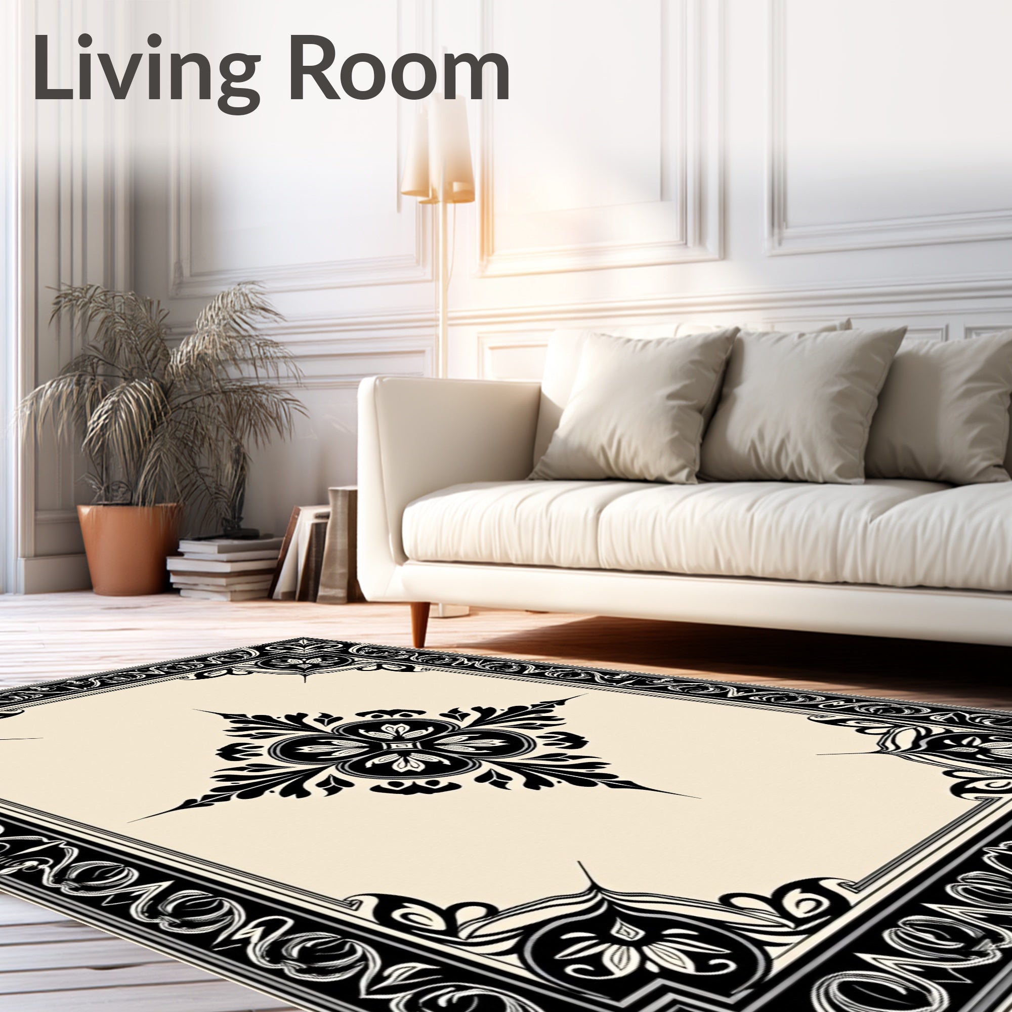 Black Cream Floral Acanthus Scroll Rug