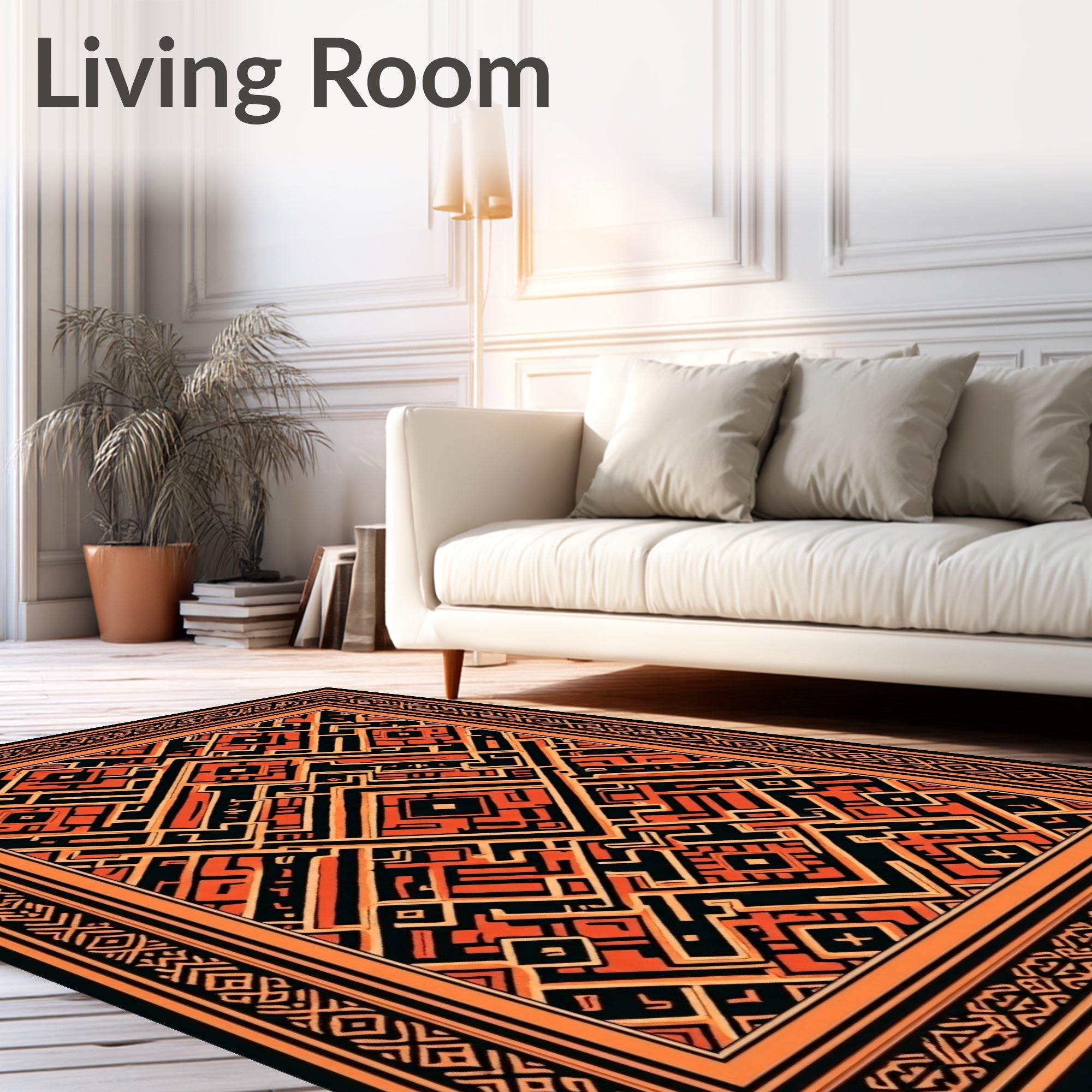 Geometric Orange Black Maze Rug