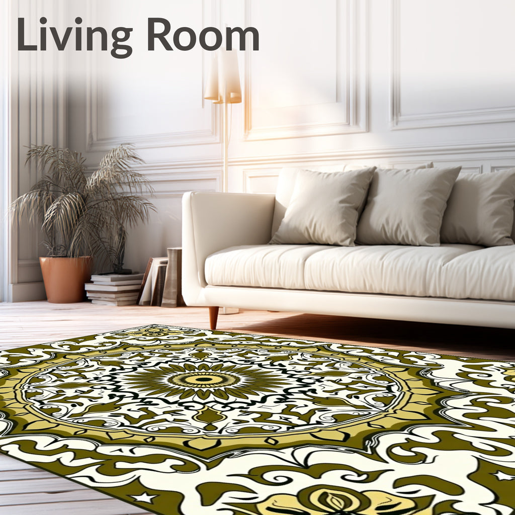 Olive Gold Floral Medallion Mandala Rug