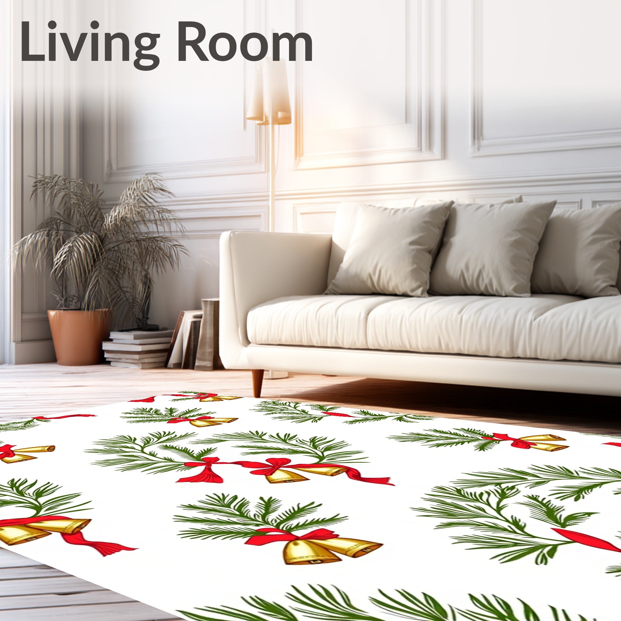 Golden Bells Pine Sprigs Red Ribbon Rug
