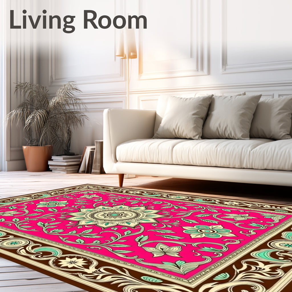 Vivid Pink Floral Vine Border Rug