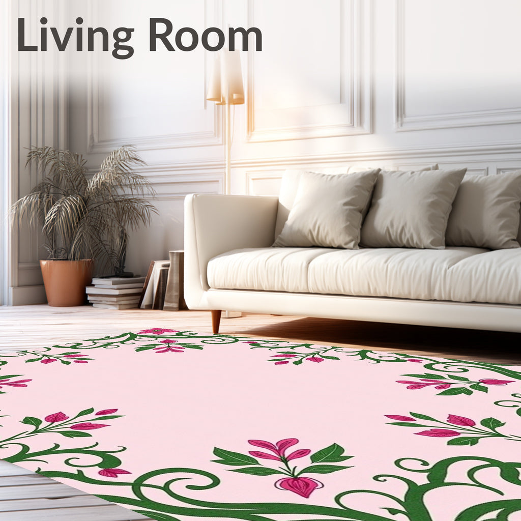 Pink Green Floral Swirl Vine Rug