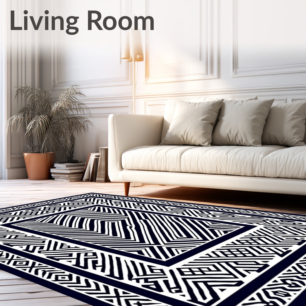 Bold Navy Geometric Labyrinth Border Rug