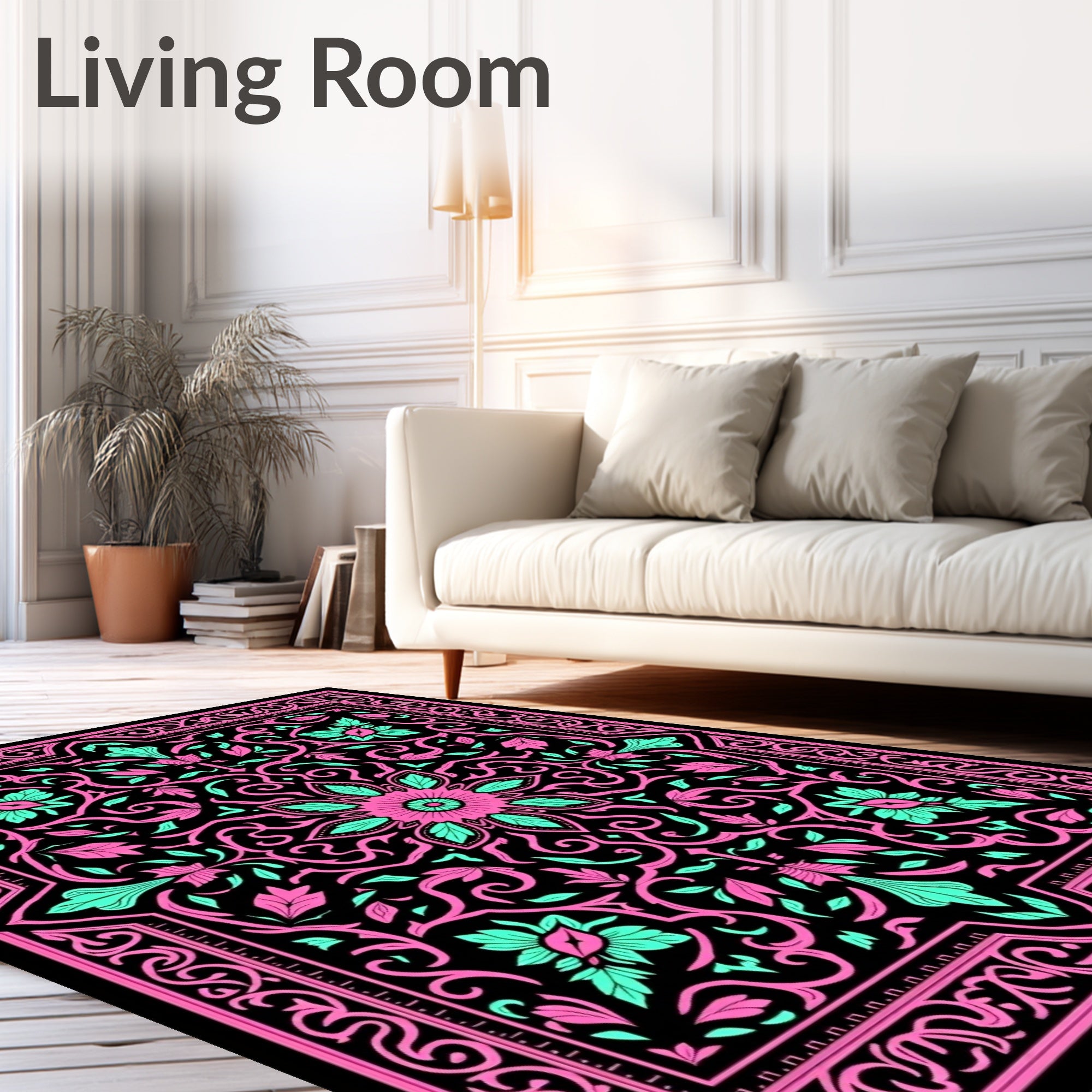 Bold Pink Teal Floral Scroll Rug