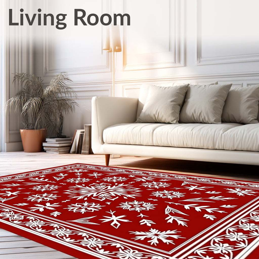 Crimson Snowflake Floral Border Rug