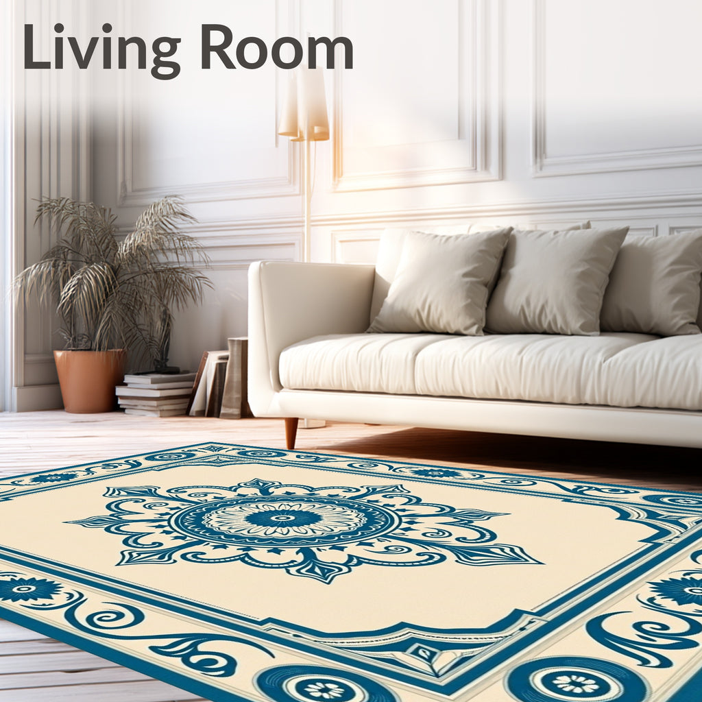 Classic Deep Blue Medallion Border Oval Rug