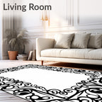Black Ornate Scrollwork Rectangular Border Rug