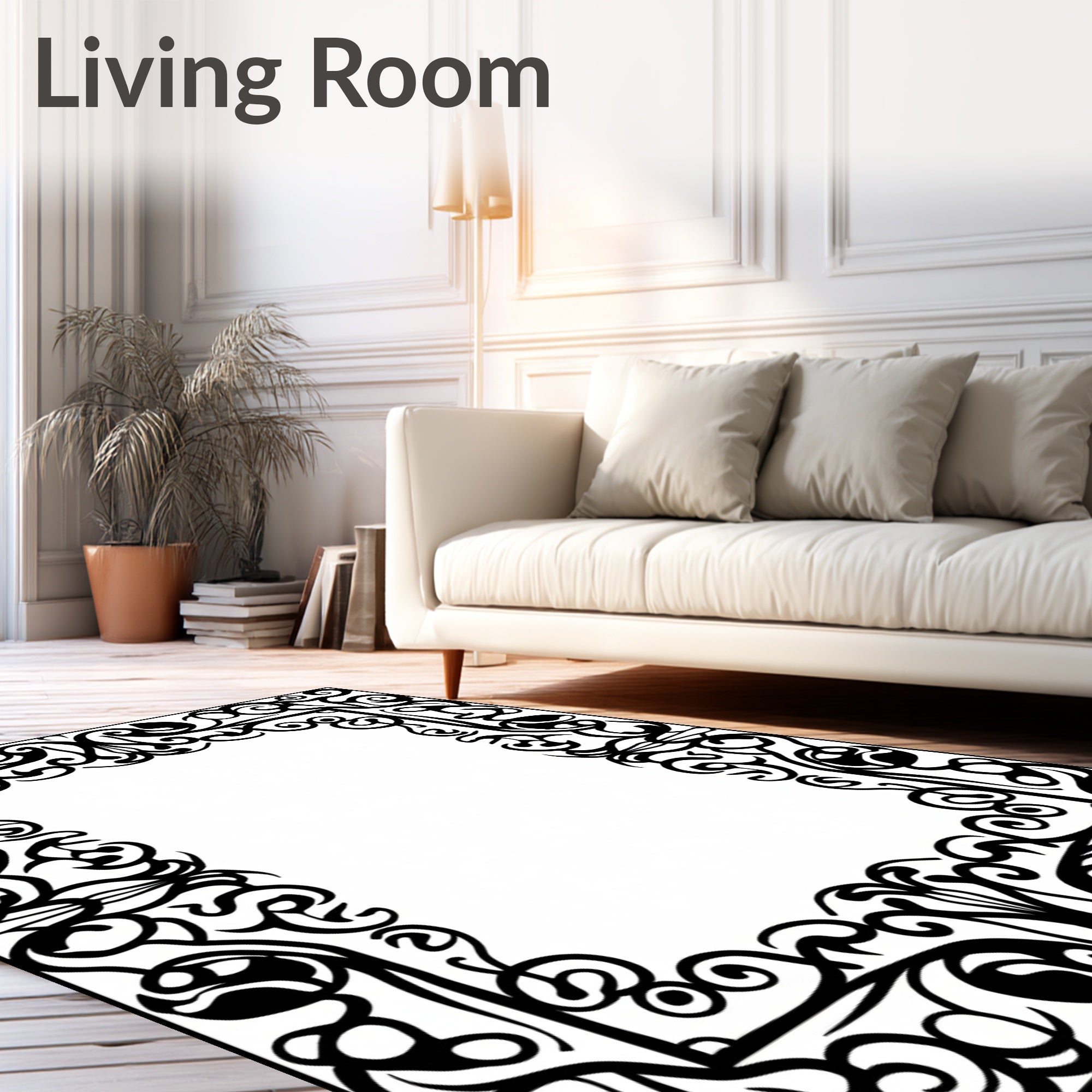 Black Ornate Scrollwork Rectangular Border Rug