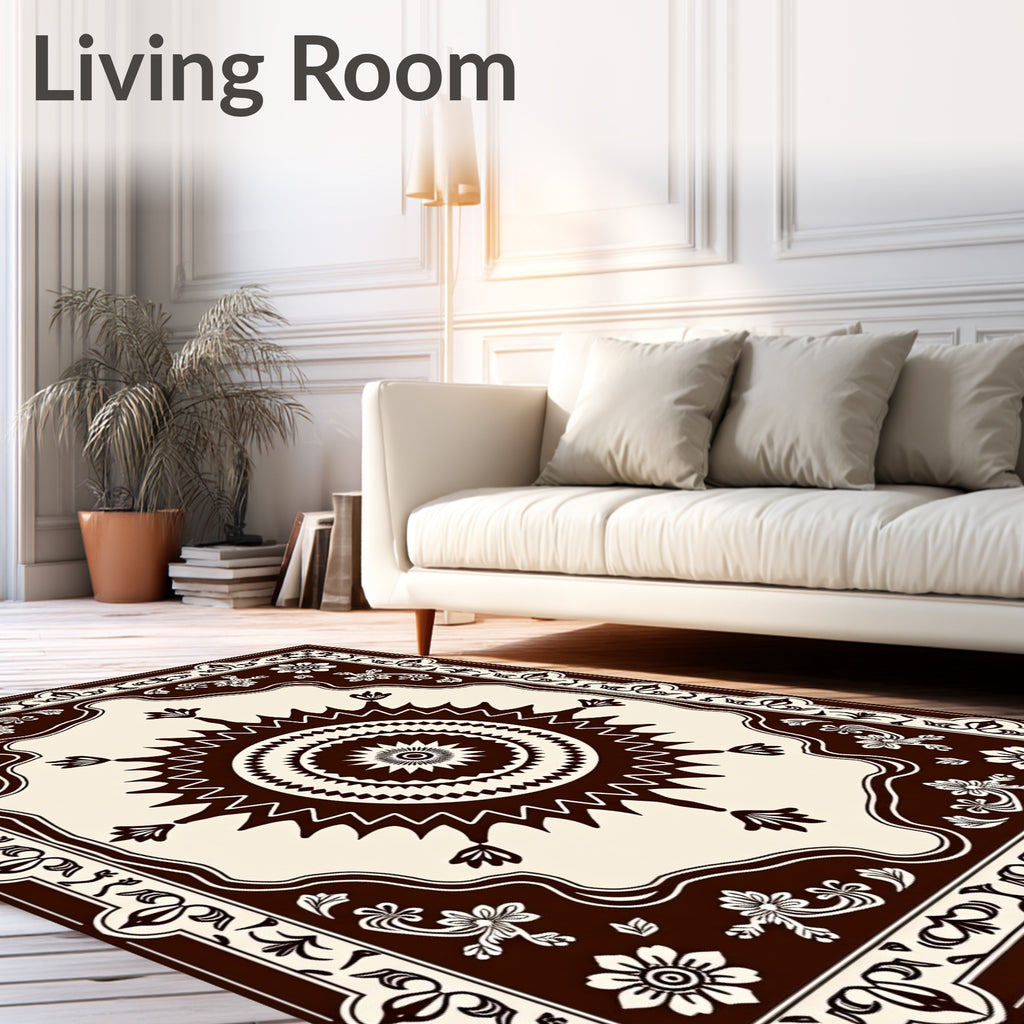Cream and Brown Sunburst Floral Border Rug