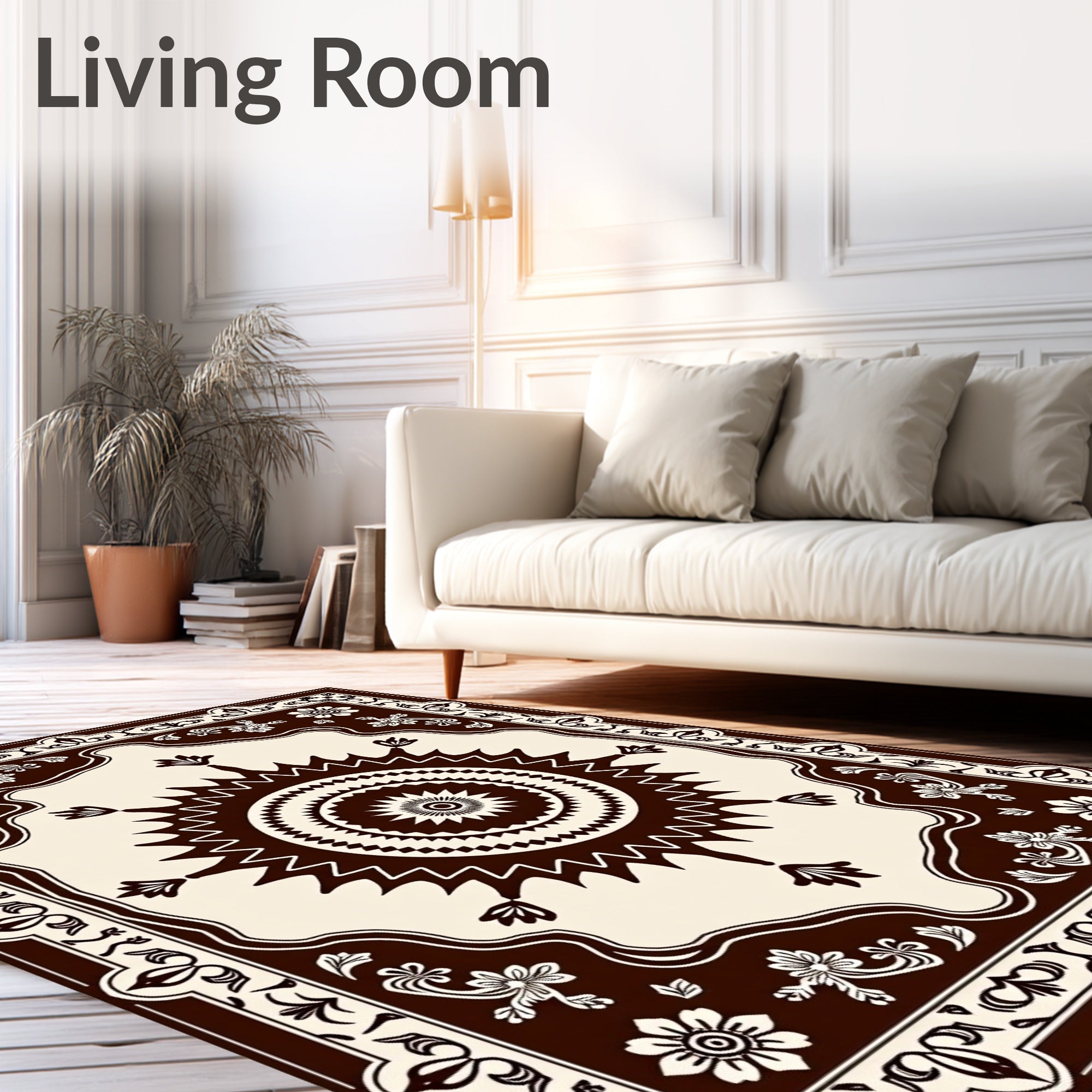 Cream and Brown Sunburst Floral Border Rug