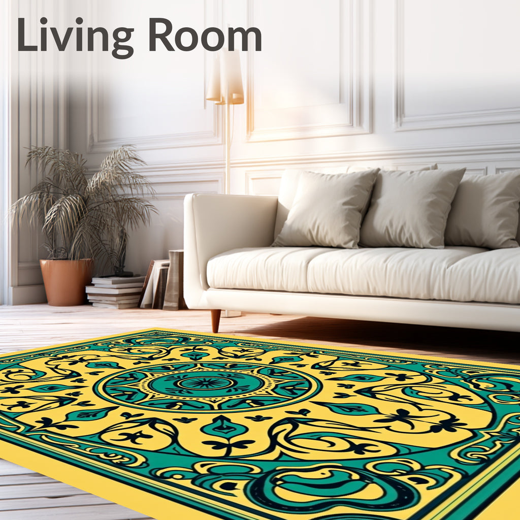 Yellow Teal Floral Mandala Rug