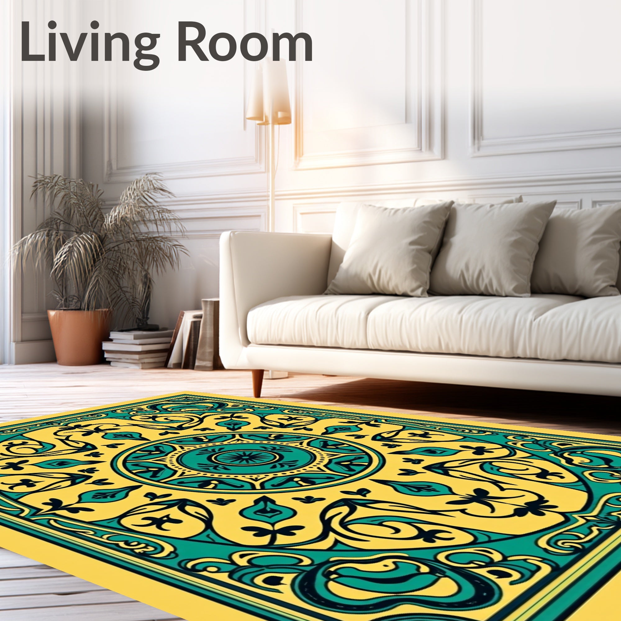 Yellow Teal Floral Mandala Rug
