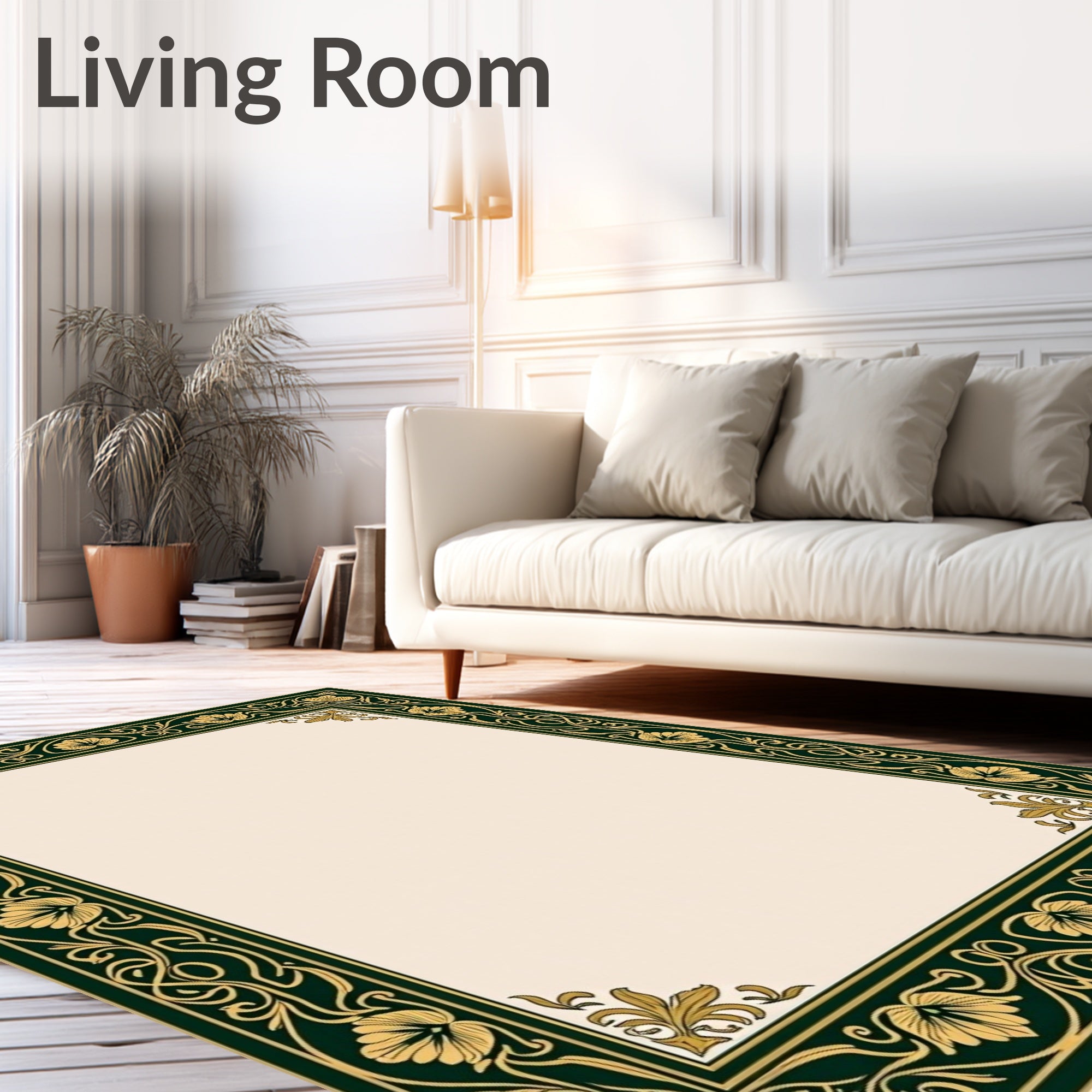 Emerald Green Golden Floral Border Rug