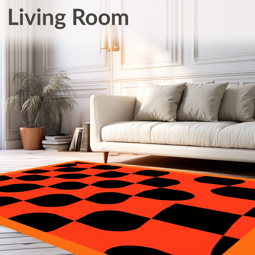 Bold Orange Black Checkered Swirl Rug