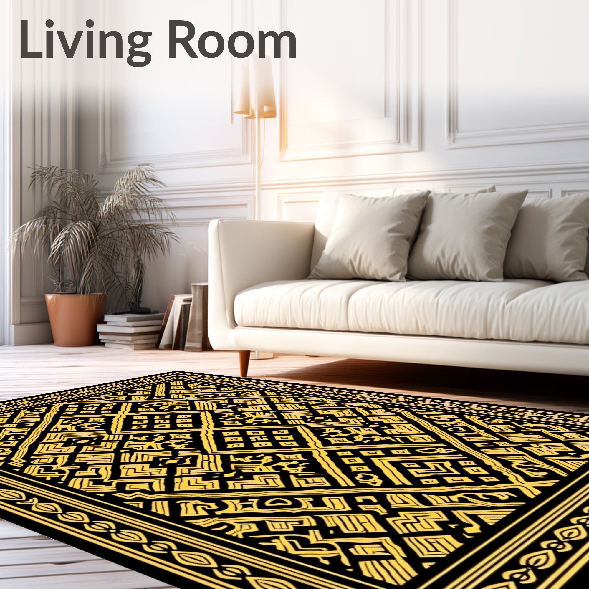 Geometric Black Gold Diamond Medallion Rug