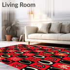 Red Black Golden Horseshoe Floral Squares Rug