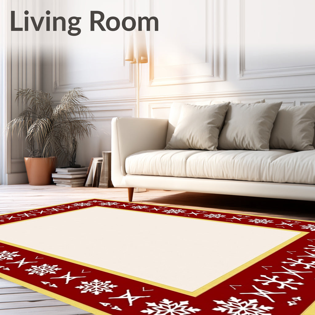Crimson White Winter Snow Border Rug