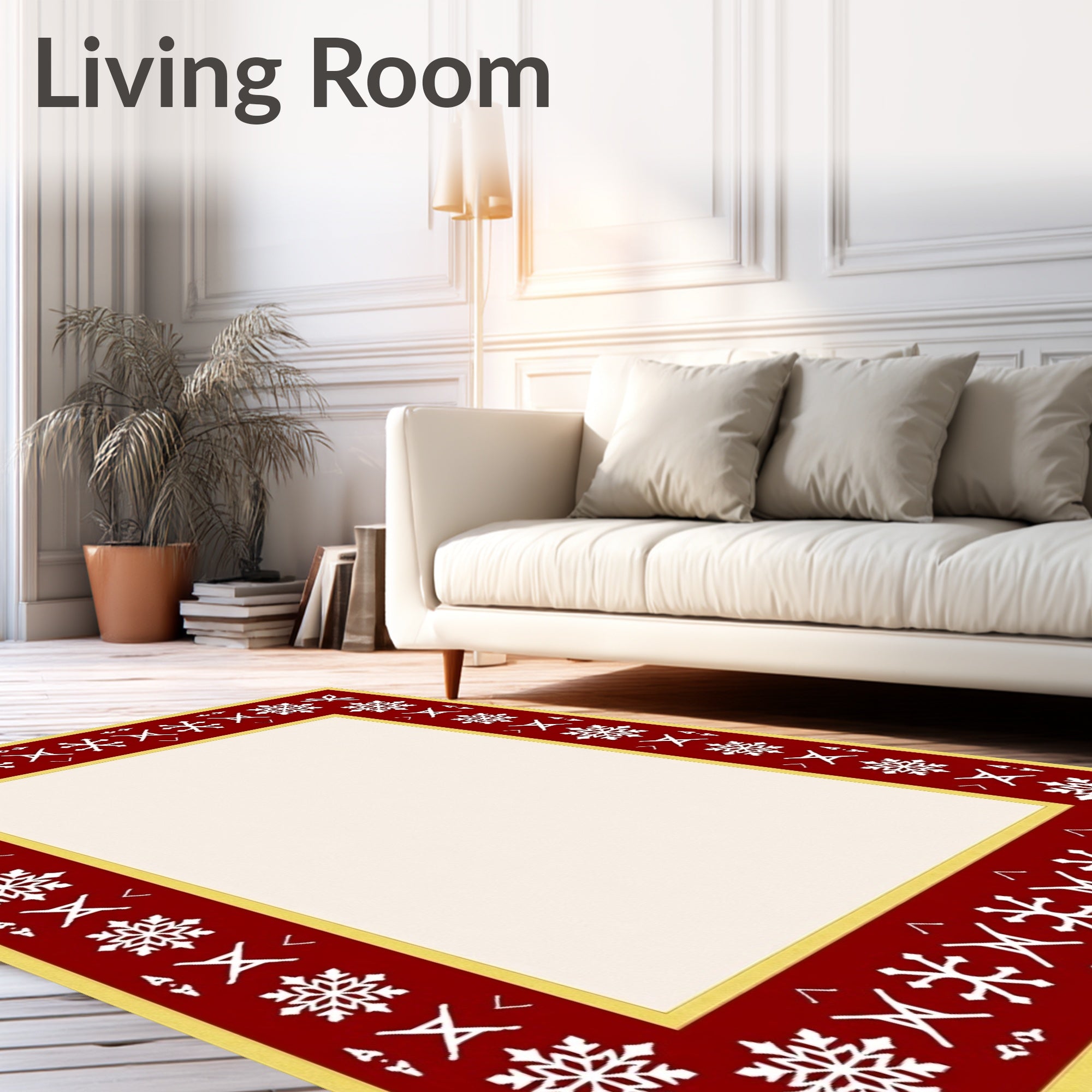 Crimson White Winter Snow Border Rug