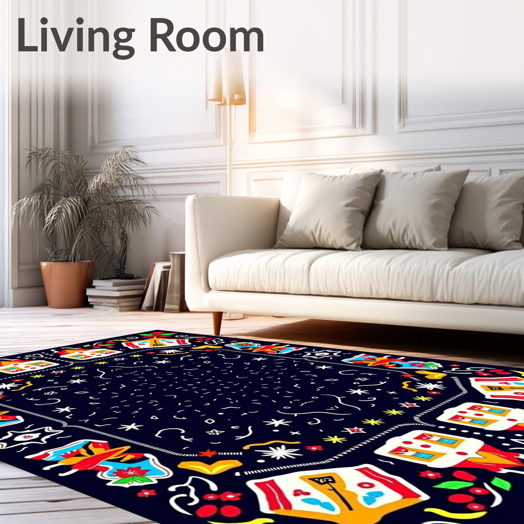 Colorful Folk Art Village Scene Rug
