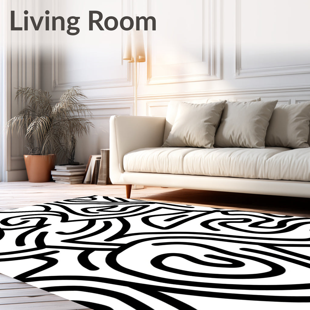 Abstract Black White Continuous Line Rug