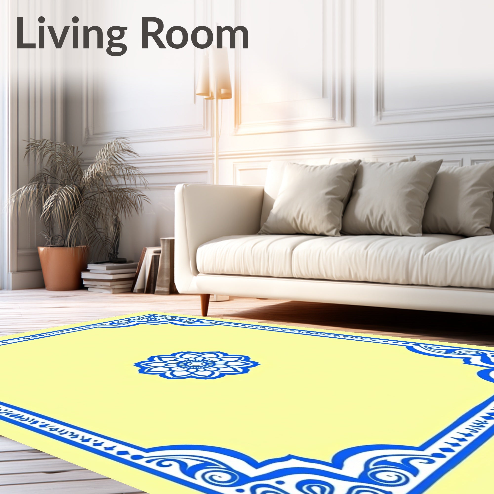 Light Yellow Blue Floral Medallion Border Rug