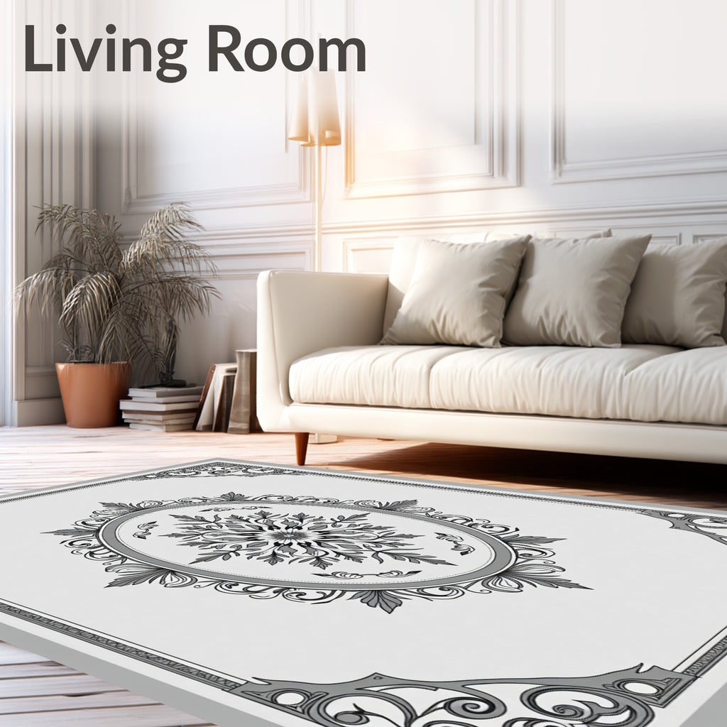 Ornate Gray Floral Medallion Border Rug