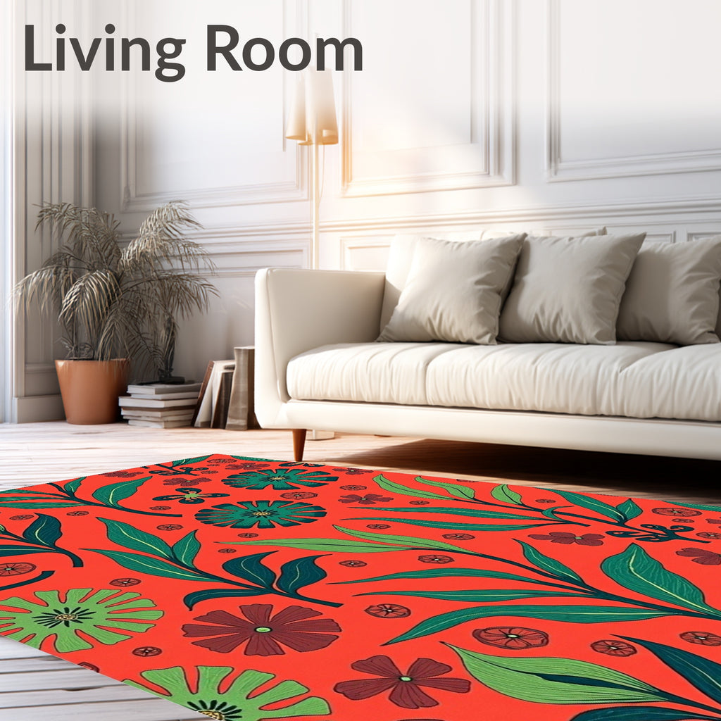 Vibrant Coral Tropical Foliage Flowers Rug