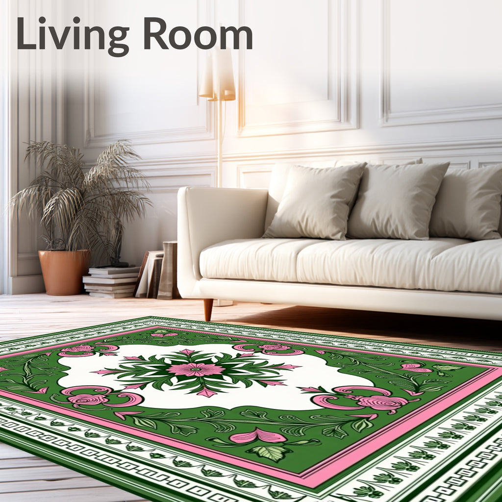Green Pink Floral Garden Square Rug