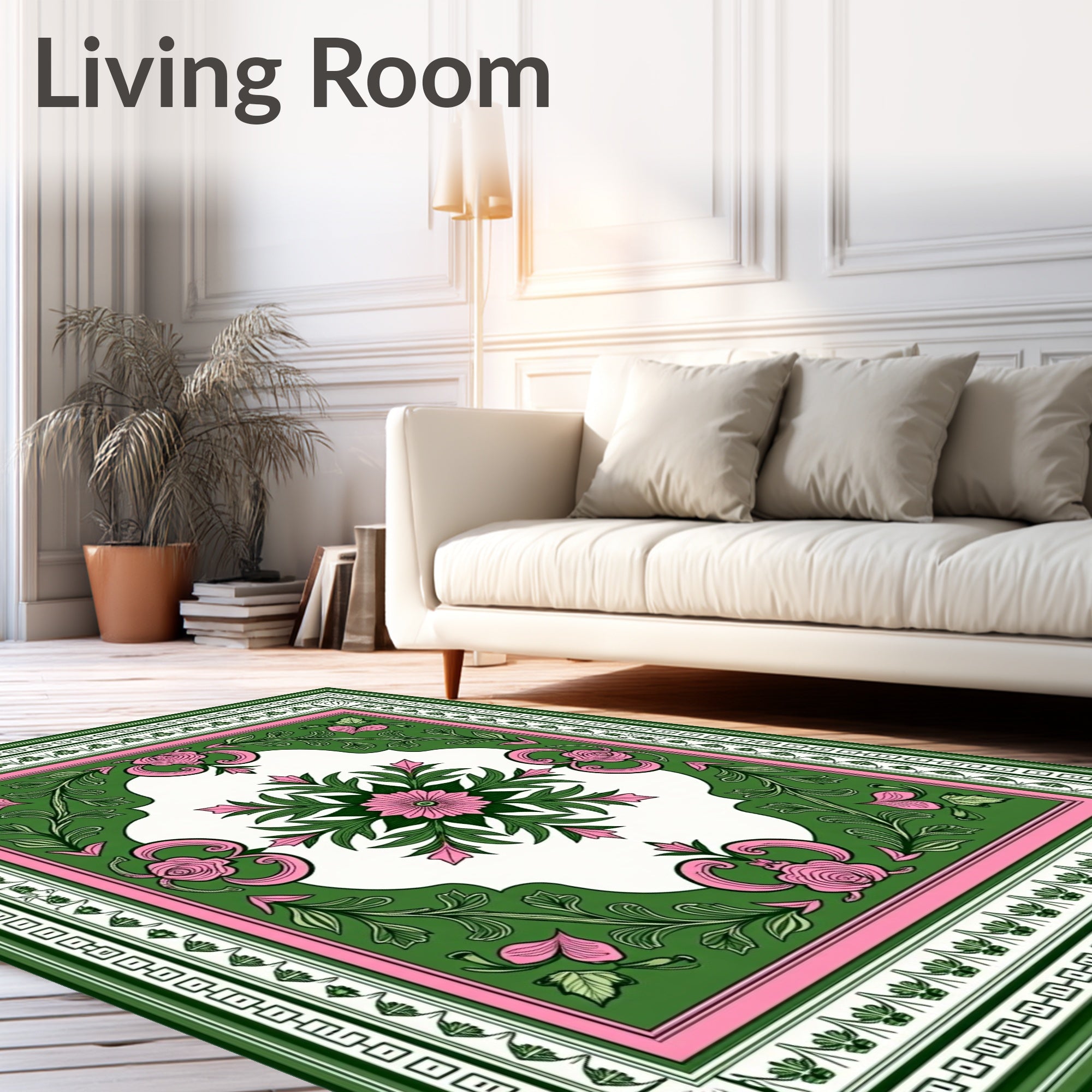 Green Pink Floral Garden Square Rug