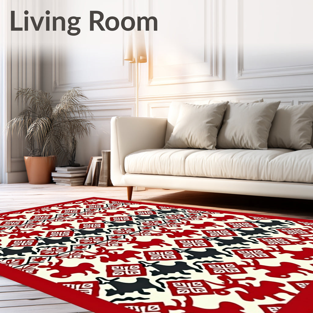 Red Black Reindeer Folk Art Rug