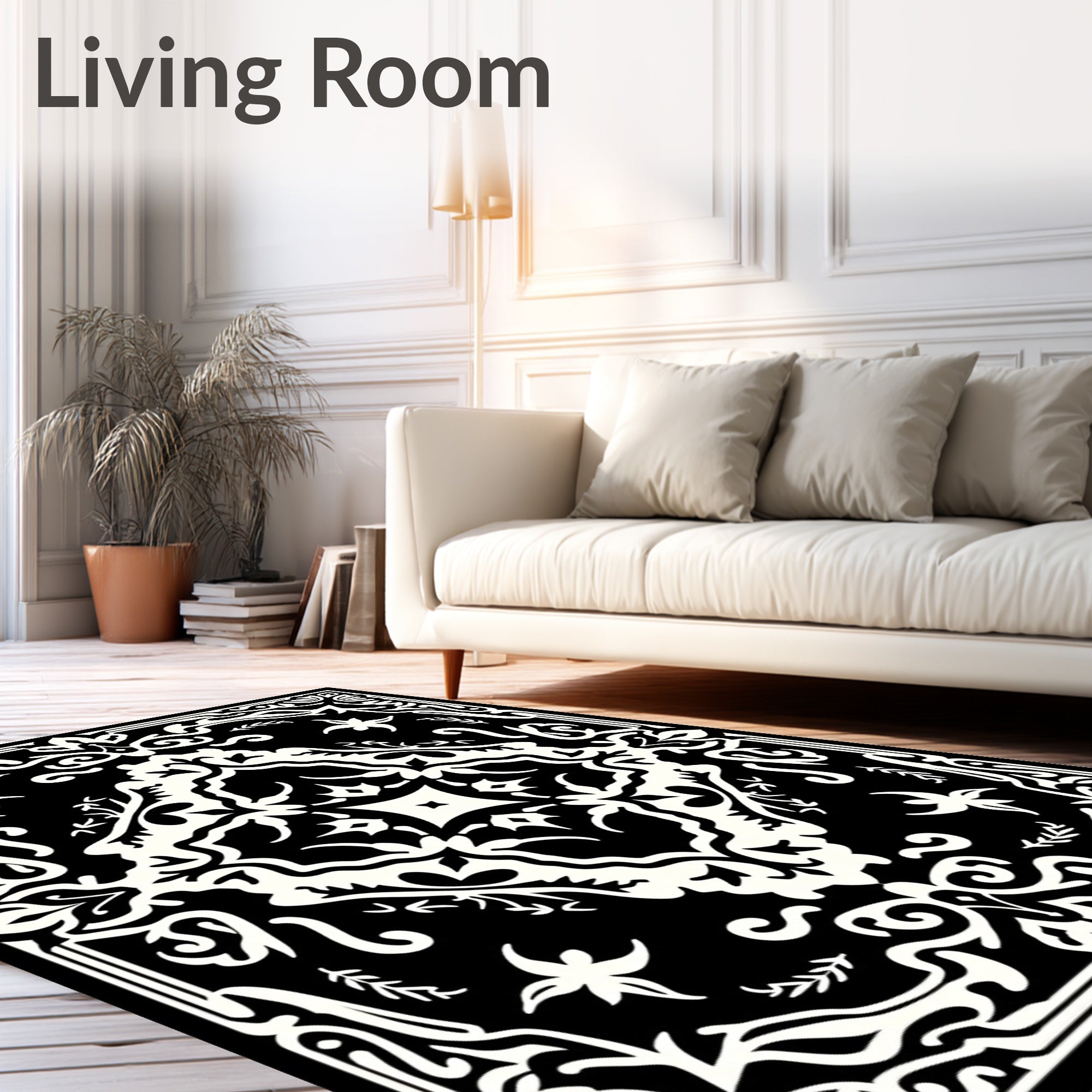 Black and White Ornamental Floral Medallion Rug