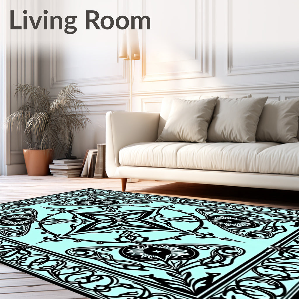 Art Nouveau Black Cyan Floral Medallion Rug