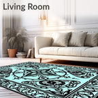 Art Nouveau Black Cyan Floral Medallion Rug