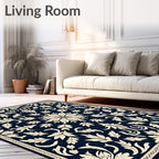 Deep Navy Cream Floral Scroll Medallion Rug