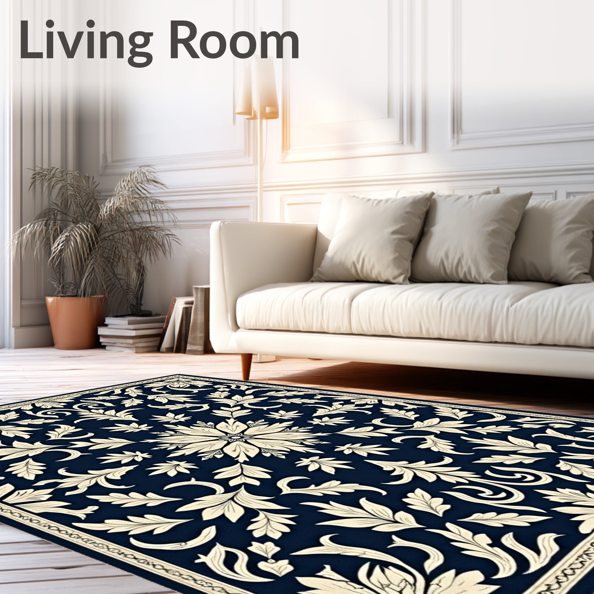 Deep Navy Cream Floral Scroll Medallion Rug