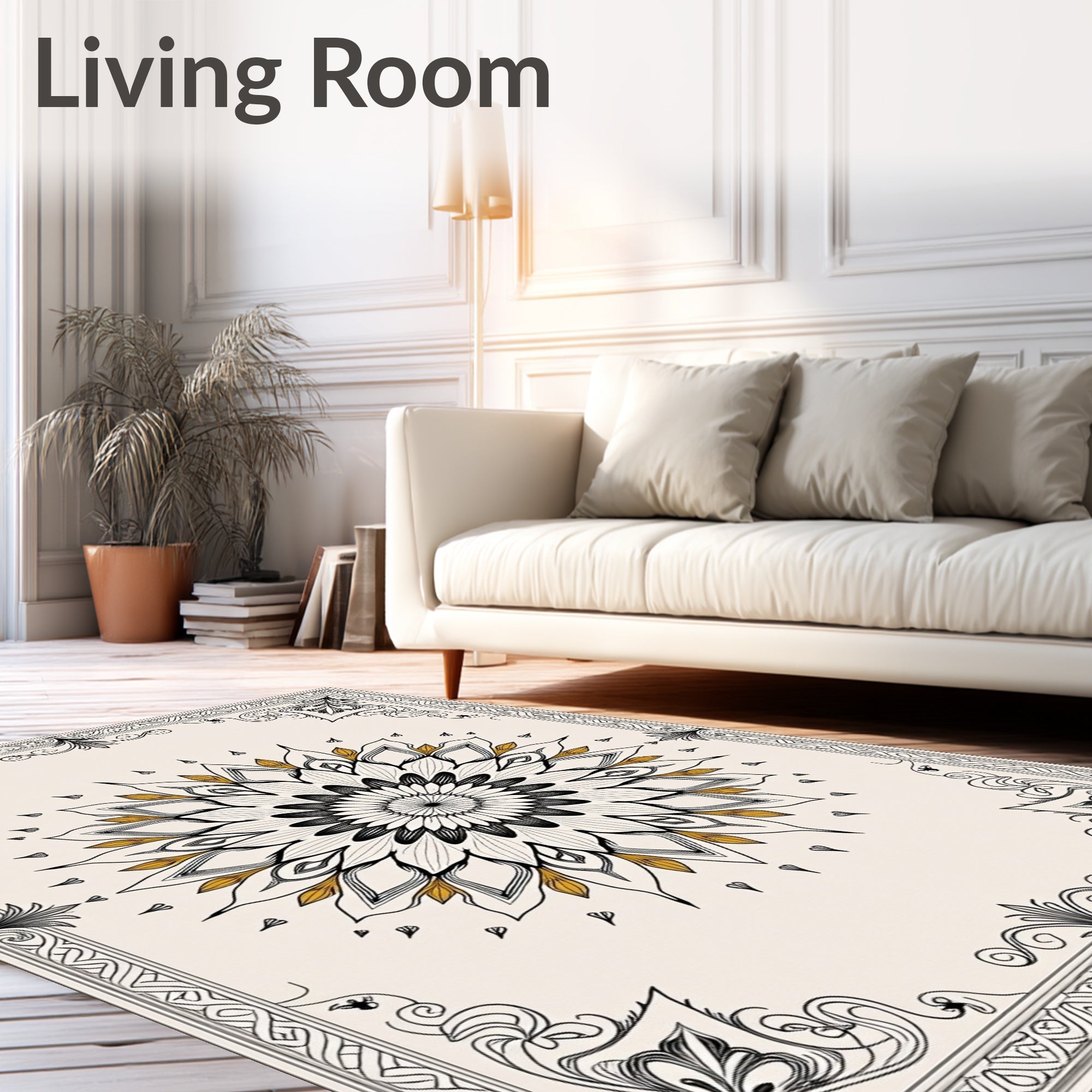 Ornate Floral Gold Mandala Rug