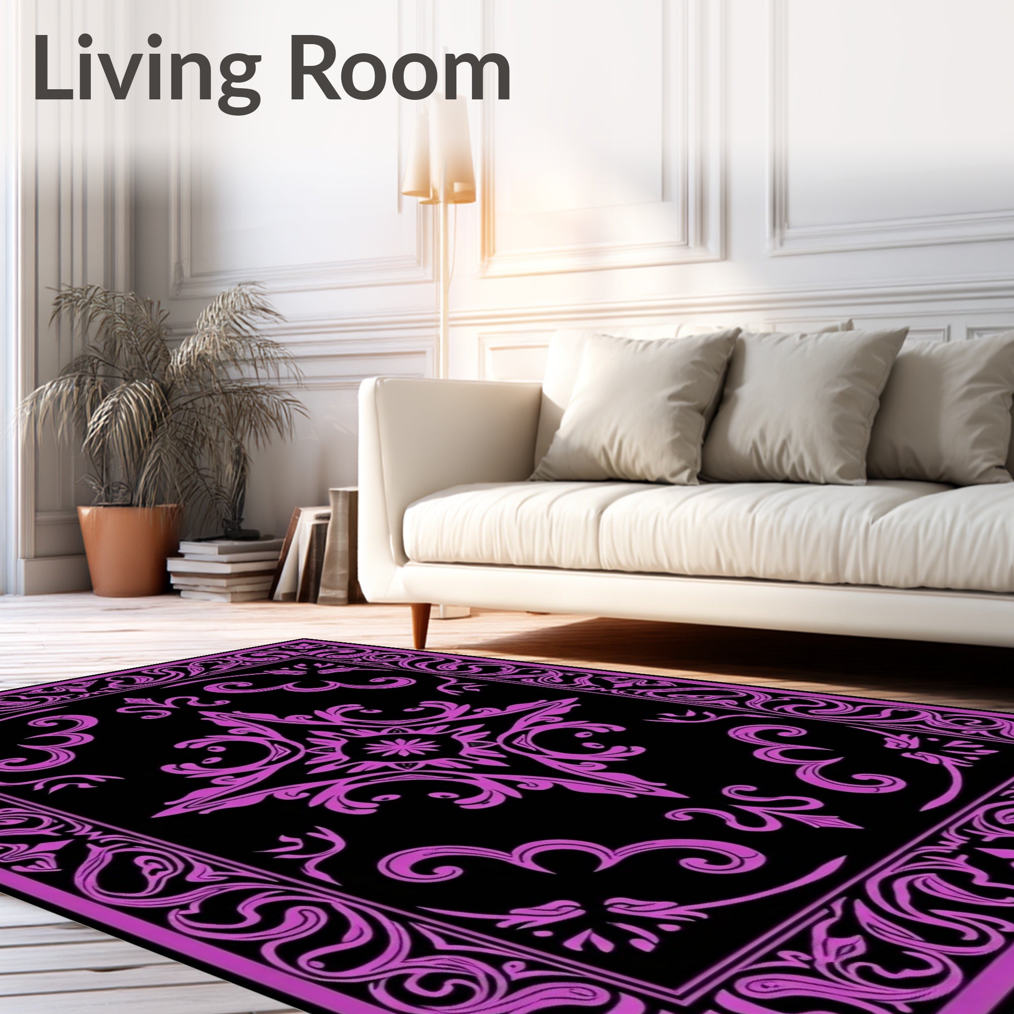 Purple Black Vintage Floral Border Rug